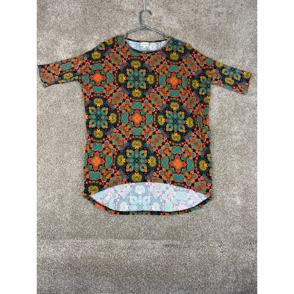 LuLaRoe Irma Tunic Top XXS Womens Orange Teal Kaleidoscope High Low Psychedelic